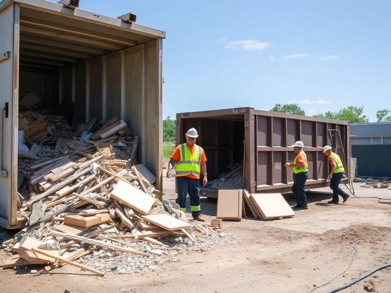 Workers loading construction debris into a dumpster