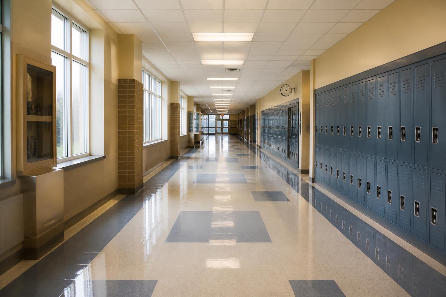 Clean school hallway with polished floors and lockers representing professional janitorial service